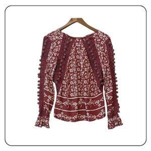 A La Plage Blouse Womens XS Red Floral Crochet Tassel Bell Sleeve Boho Top